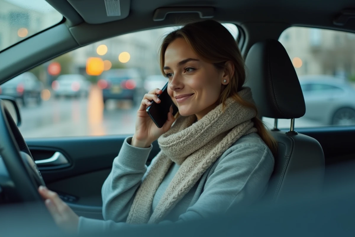 Jeune femme dans sa voiture appelant en regardant le parebrise