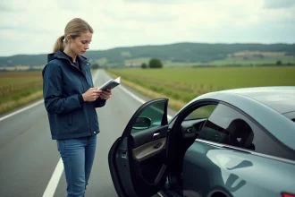 Femme avec voiture moderne en campagne tranquille