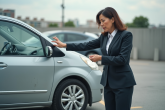 Femme d'affaires examine une rayure sur sa voiture