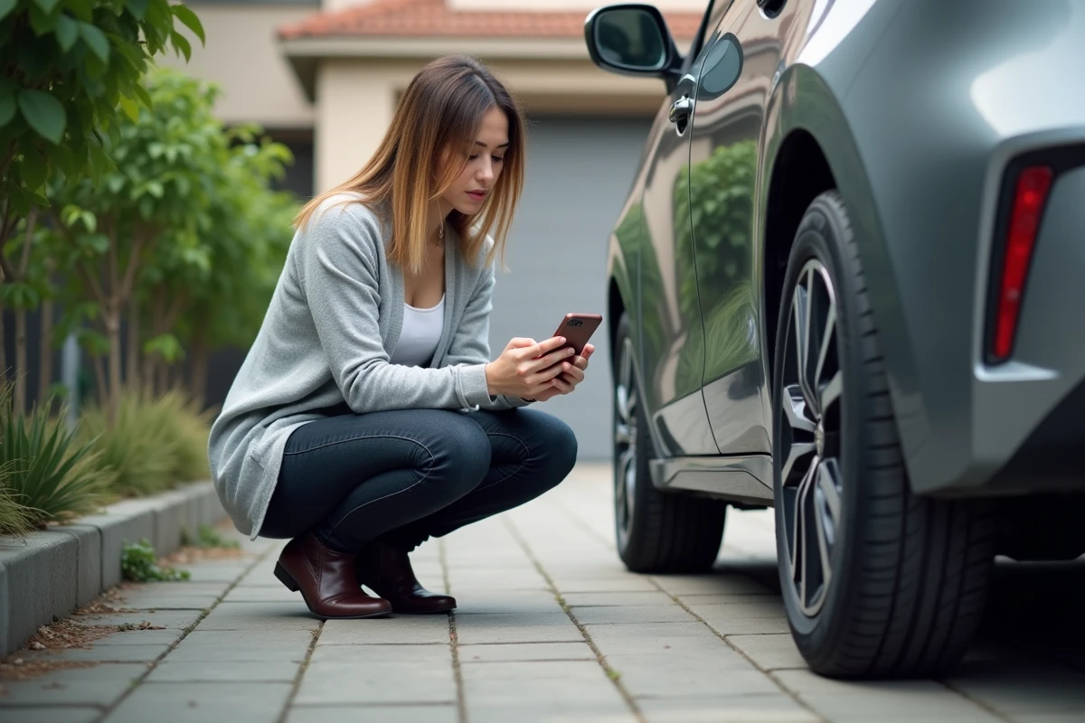 Jeune femme vérifiant un pneu de voiture dans une allée résidentielle