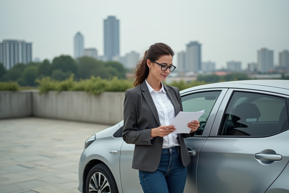 Femme d'affaires avec voiture en ville