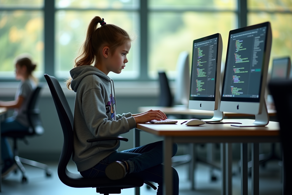 Fille de 14 ans code dans un laboratoire informatique scolaire