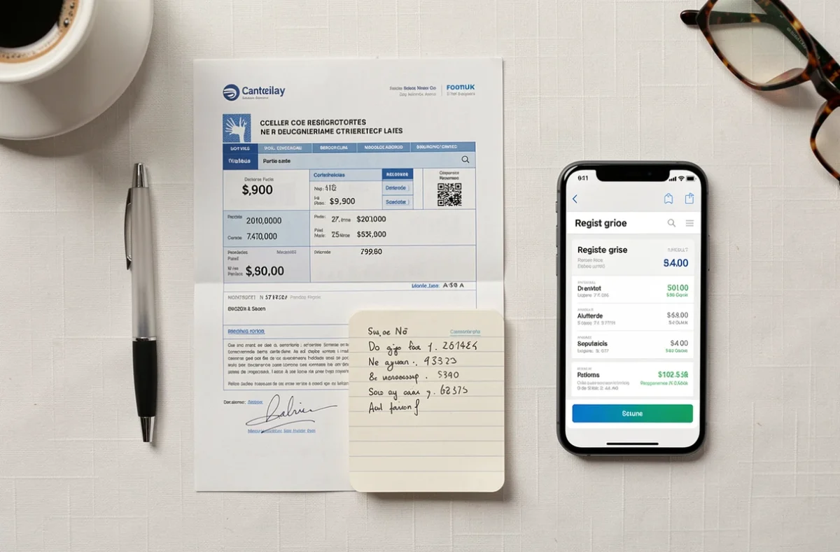 Vue de dessus d'une carte grise française, d'un smartphone avec calcul de taxe et d'un carnet de notes sur un bureau blanc