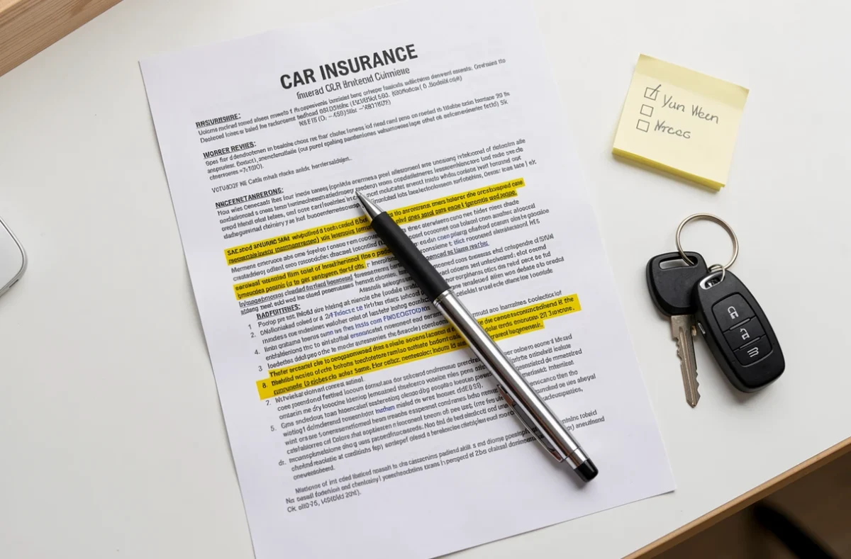 Vue de dessus d'un contrat d'assurance voiture MAE avec clés de voiture et stylo sur un bureau blanc