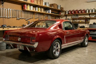 Ford Mustang 1965 rouge candy dans un garage vintage, voiture de collection bien entretenue