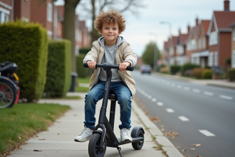 Jeune garçon de 14 ans sur un scooter moderne en ville