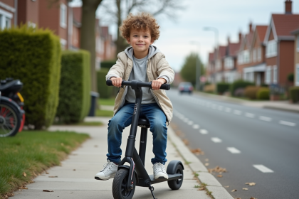 Jeune garçon de 14 ans sur un scooter moderne en ville