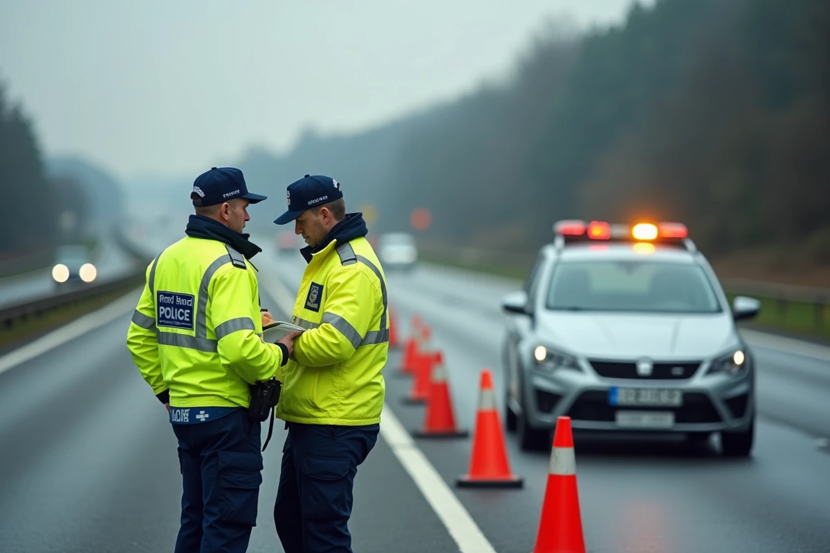 Policiers de la gendarmerie sur le bord de l'autoroute après un accident de la route avec cônes de signalisation