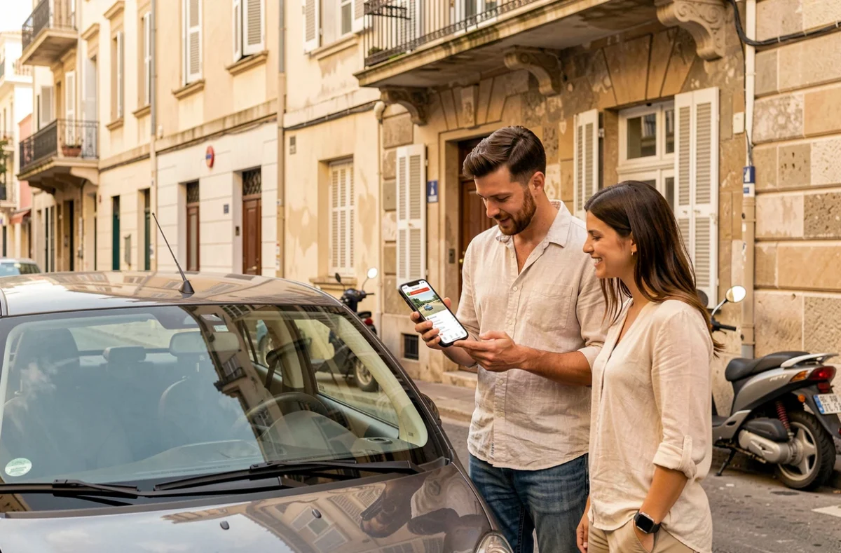 Deux personnes utilisant l'application Getaround sur smartphone pour une location de voiture entre particuliers dans une rue de Marseille