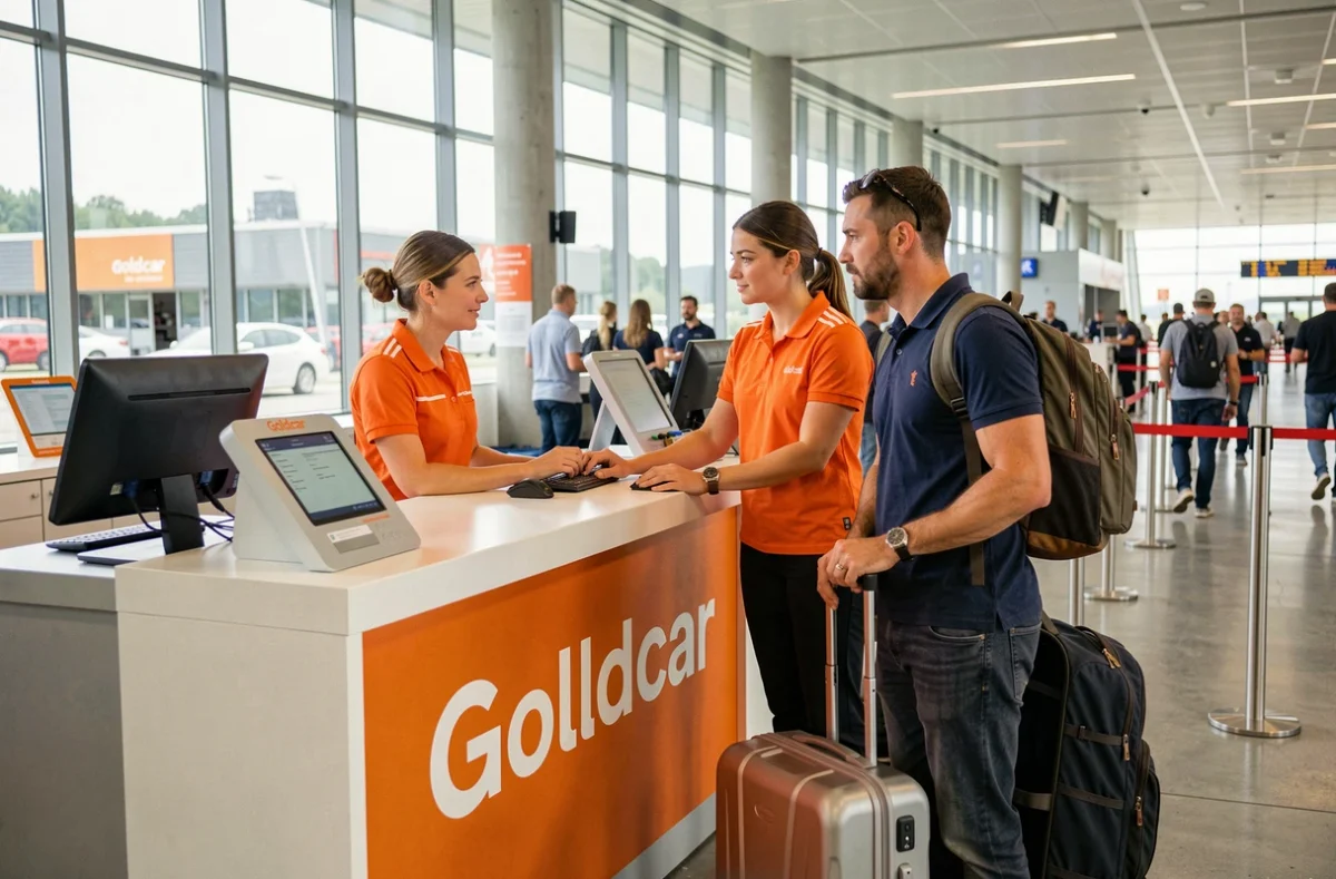 Comptoir Goldcar dans un aéroport du sud de la France avec une agente en orange assistant un touriste