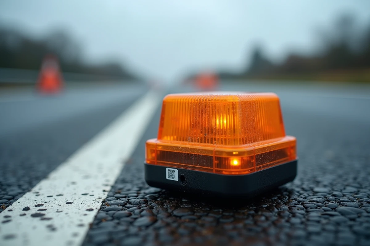 Gros plan sur une balise d'urgence V16 connectée posée sur l'asphalte d'une autoroute européenne