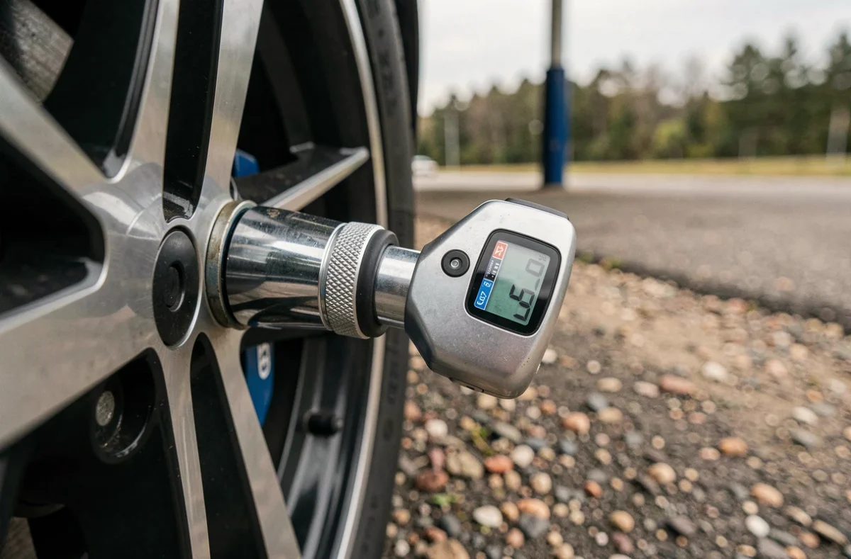 Gros plan sur un gonfleur numérique connecté à la valve d'un pneu de voiture affichant la pression