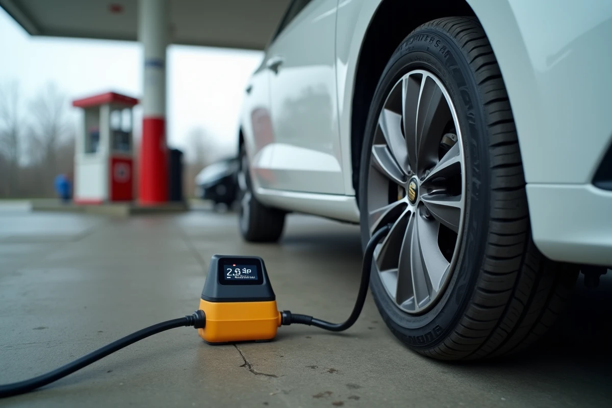 Gros plan sur la valve de pneu d'une Seat Ibiza blanche à la station-service avec un gonfleur numérique affichant 2,3 bars