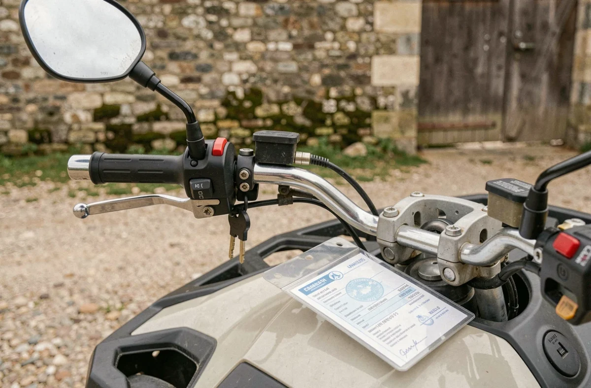 Gros plan sur le guidon d'un quad avec clé de contact et document d'assurance dans une pochette transparente, garé près d'un mur en pierre à la campagne