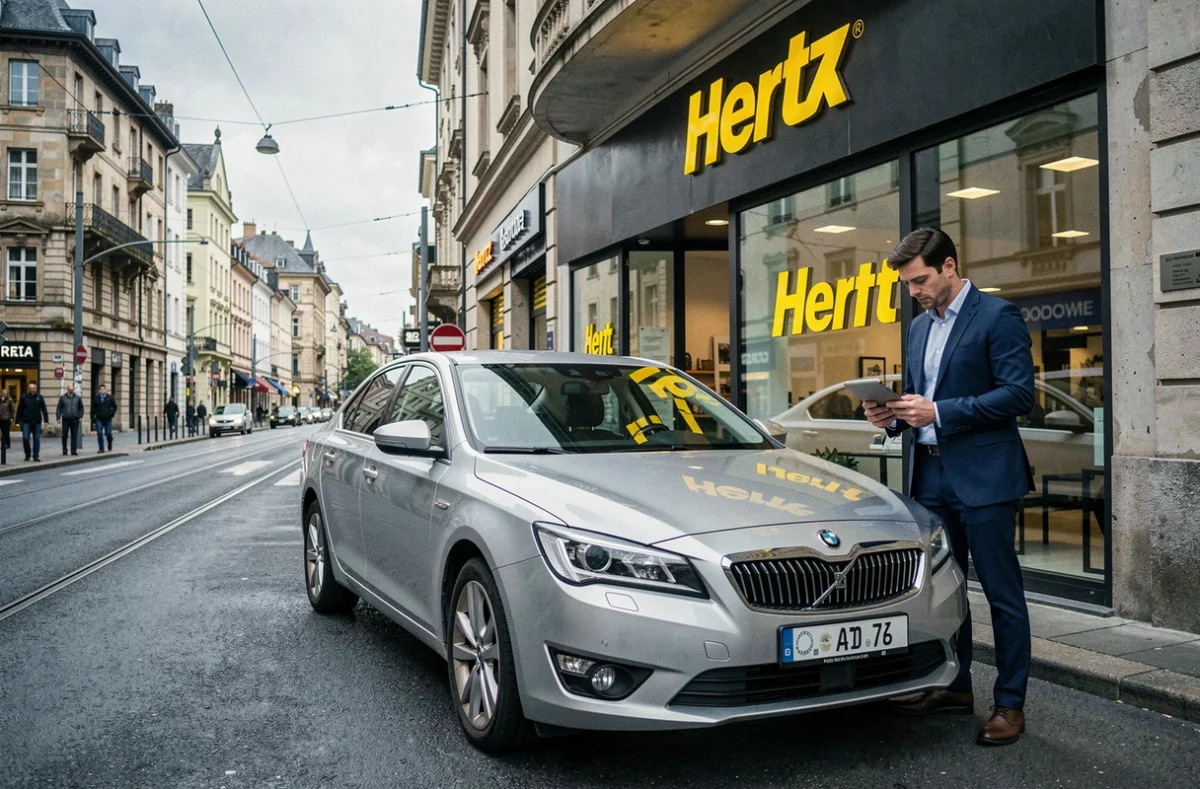 Client inspectant une voiture de location devant l'agence Hertz de Grenoble