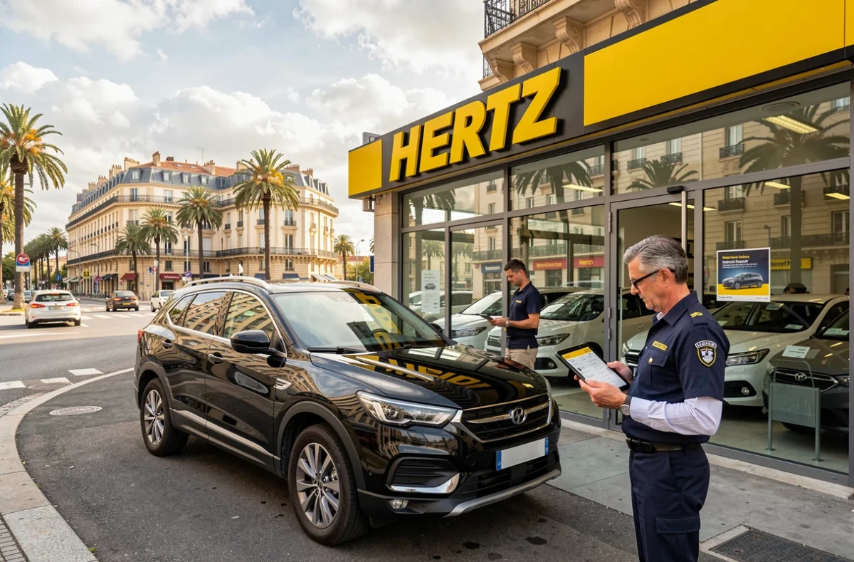 Agence Hertz à Marseille avec un client inspectant un SUV noir sous la signalétique jaune et noire de la marque