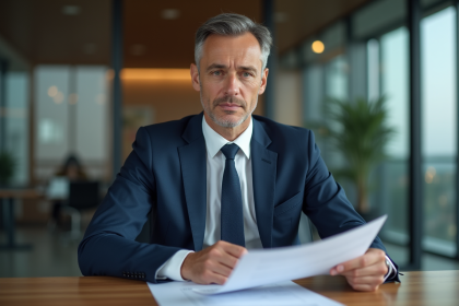 Homme d'affaires en costume examine des documents importants