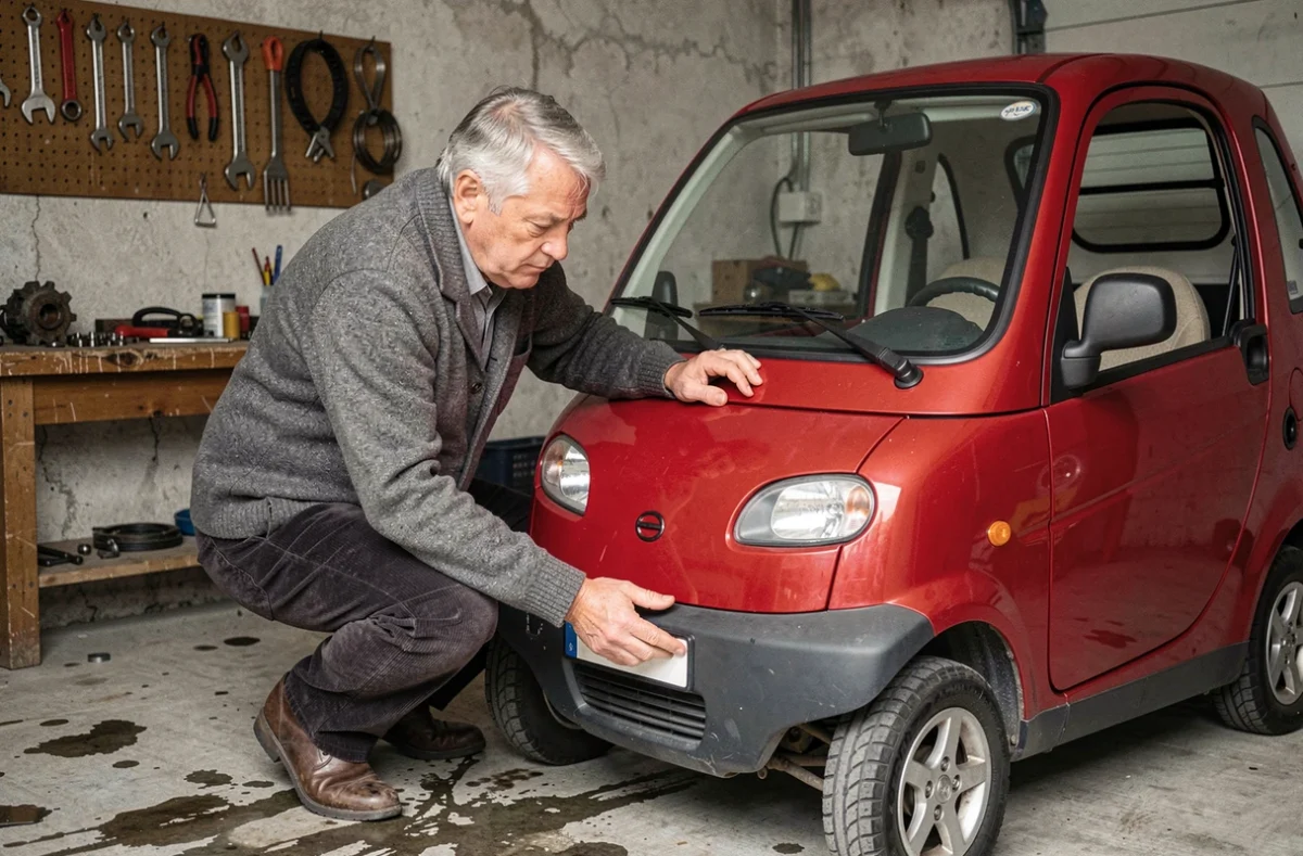 Homme âgé inspectant une voiture sans permis rouge dans un garage rural français