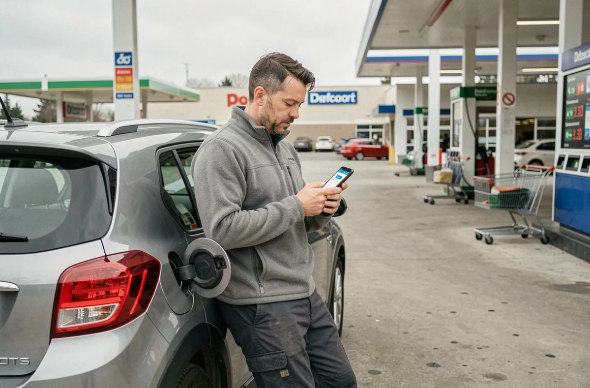 Homme consultant une application de prix d'essence sur smartphone dans une station hypermarché près de Roanne