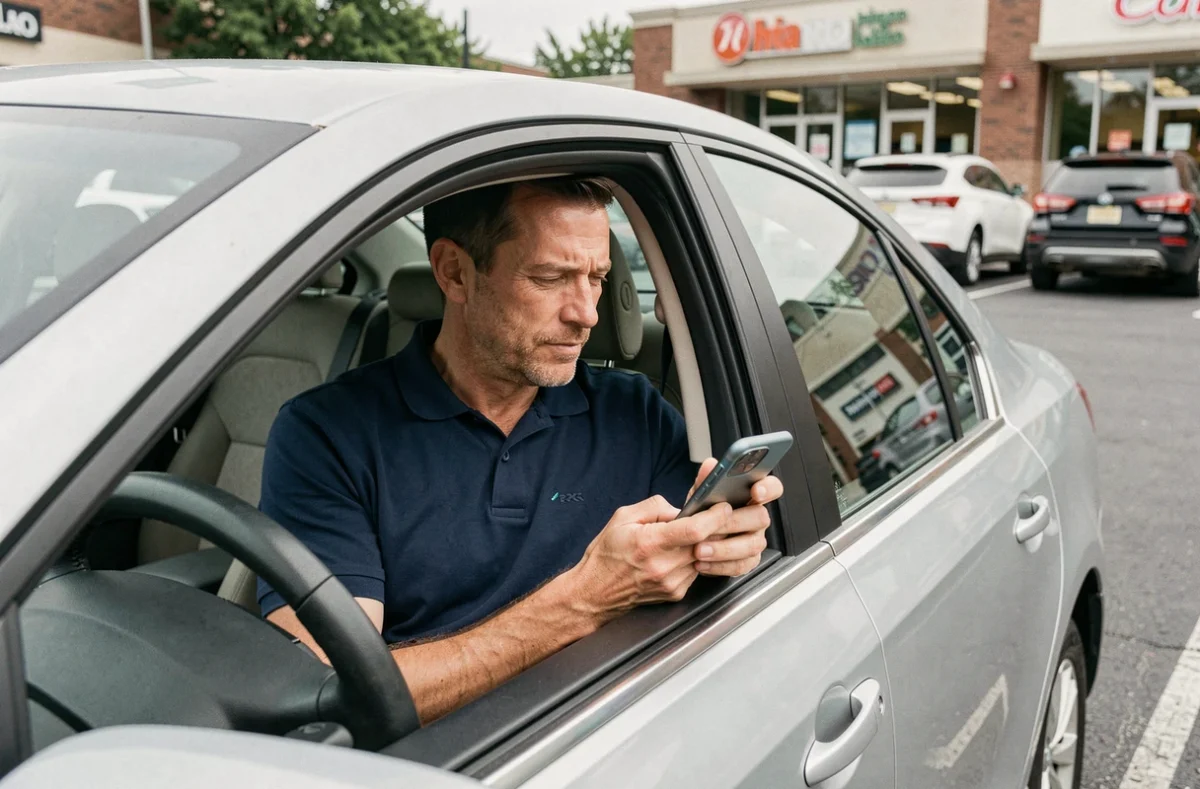 Homme consultant une application d'assurance auto sur smartphone assis dans sa voiture garée