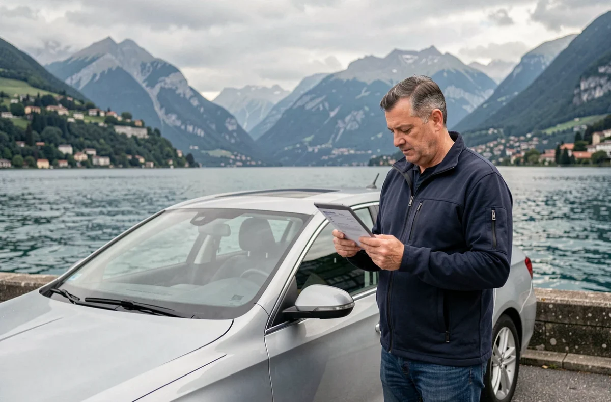 Homme consultant une offre d'assurance auto au bord du lac du Bourget à Aix-les-Bains