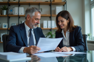 Homme d'âge moyen en costume bleu avec agent d'assurance