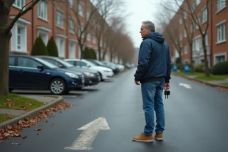 Homme anxieux avec clés devant parking résidentiel en automne
