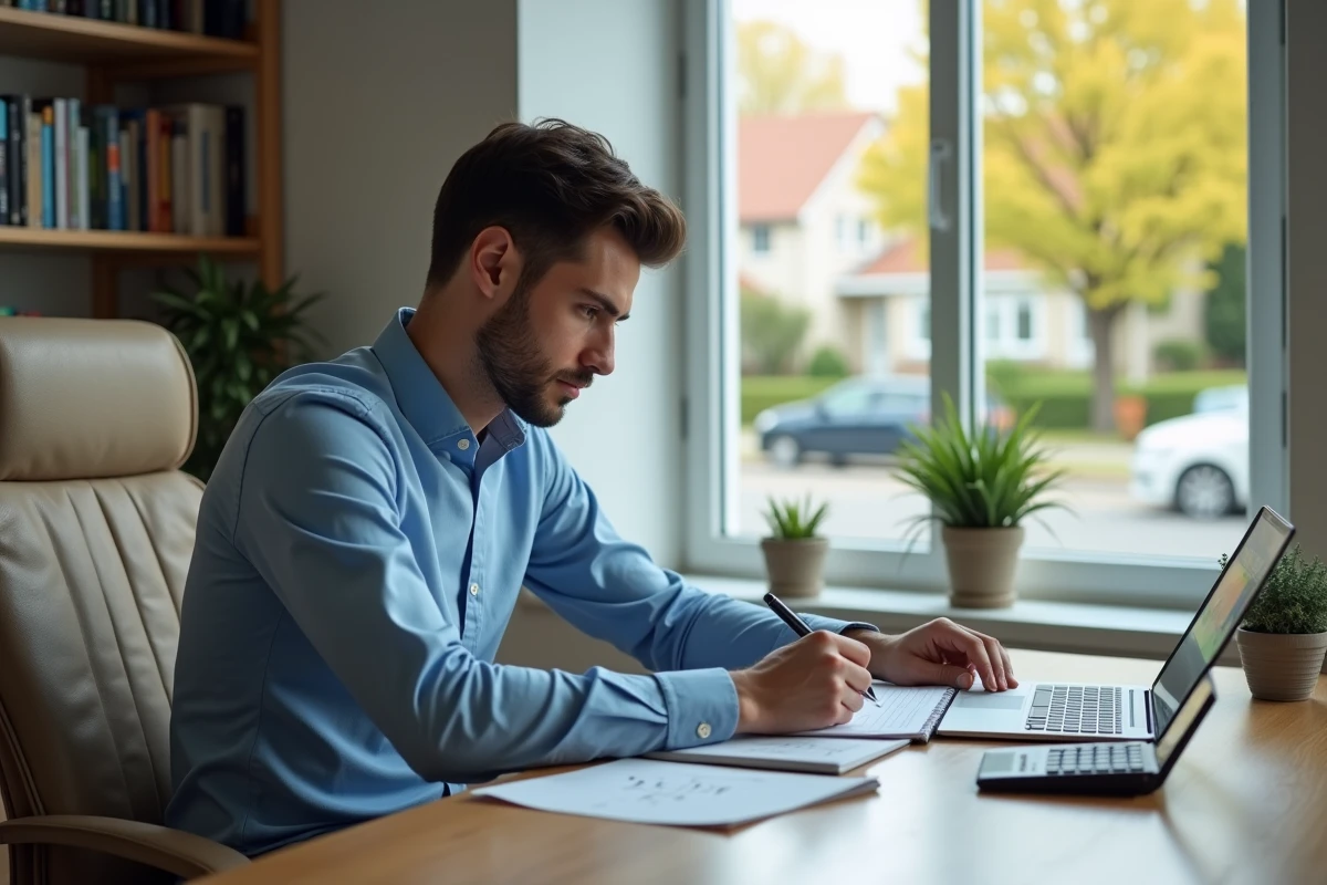 Jeune homme en bureau effectuant des calculs avec smartphone