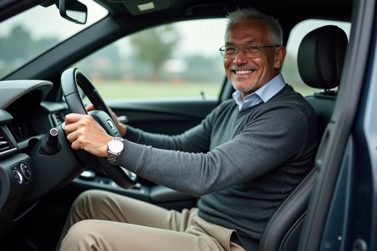 Homme souriant dans la voiture en ville