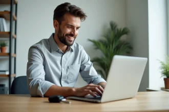 Un homme consultant un site de services automobiles sur son ordinateur portable depuis son bureau à domicile