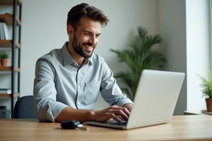 Un homme consultant un site de services automobiles sur son ordinateur portable depuis son bureau à domicile