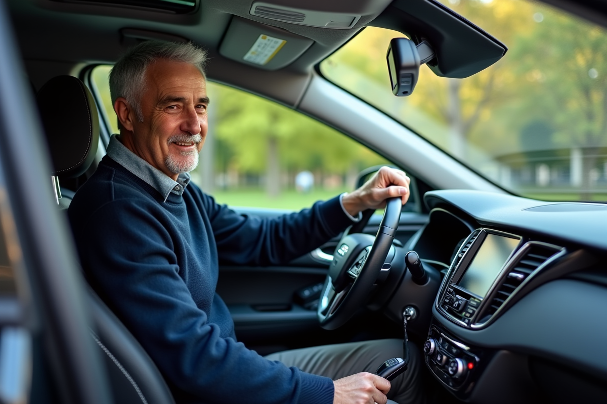 Homme utilisant un outil de diagnostic sur sa voiture dans un parc urbain