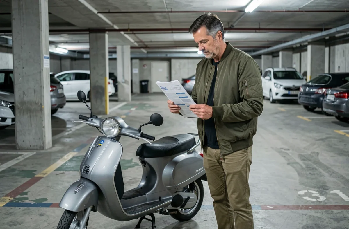 Homme consultant un document de comparaison d'assurance scooter dans un parking souterrain