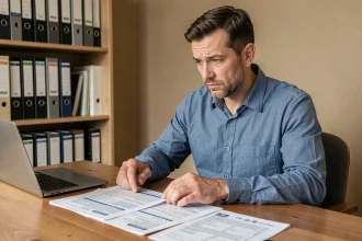 Homme consultant les documents de carte grise avec le barème des chevaux fiscaux posé sur un bureau en bois