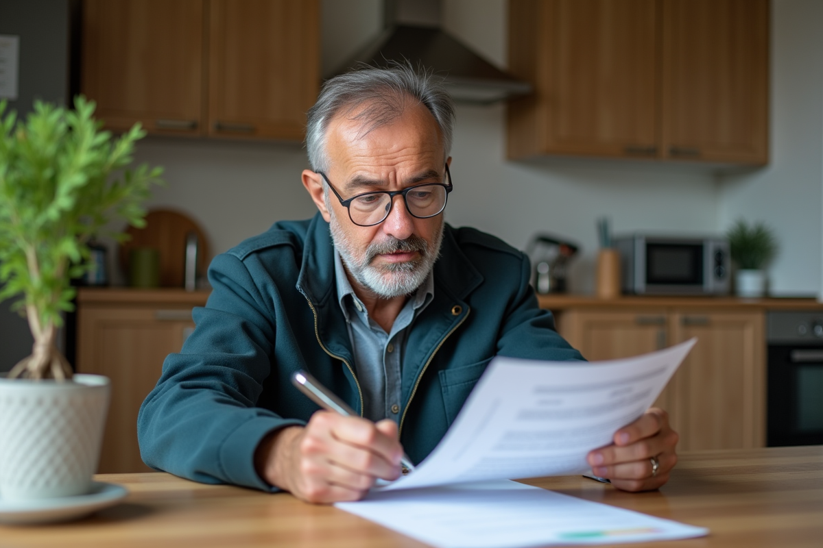 Homme lisant des documents de leasing automobile à la maison