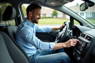 Homme en voiture saisissant un code radio avec concentration