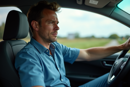 Homme fatigué dans une voiture sur l'autoroute