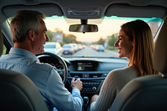 Homme et femme discutant dans une voiture moderne