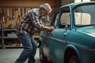 Homme ponçant une Renault 12 dans son garage vintage
