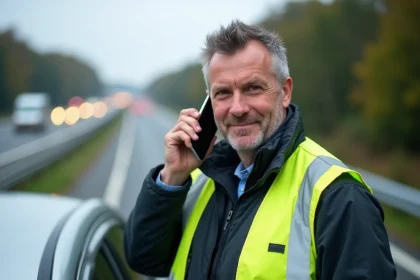 Homme portant un gilet de sécurité téléphonant sur le bas-côté de l'autoroute après une panne du système ESP ASR