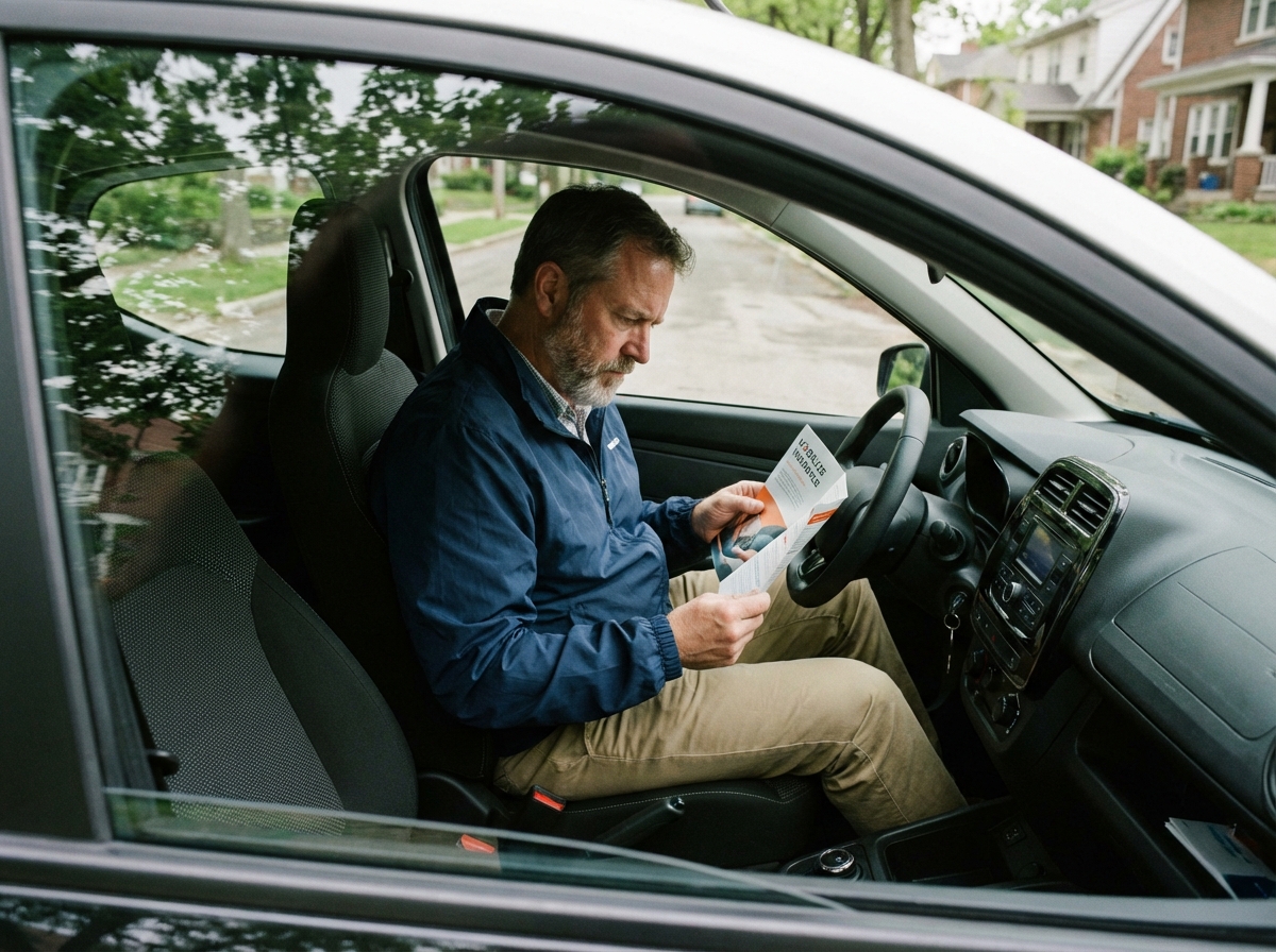 Homme dans la voiture examine brochure d