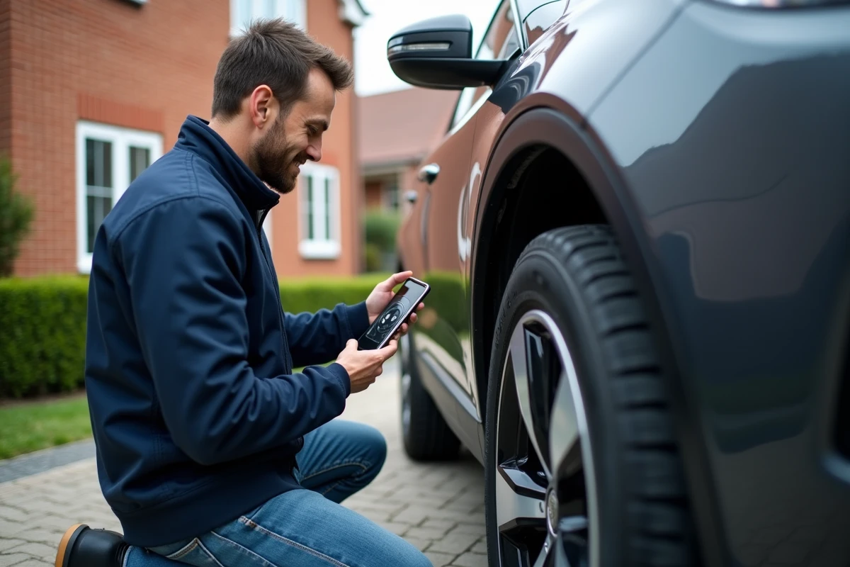 Homme inspectant un pneu de voiture avec smartphone en extérieur