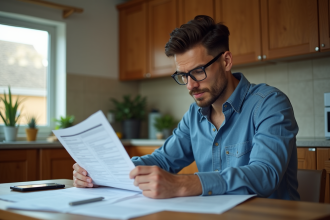 Homme en cuisine examinant des documents de conduite