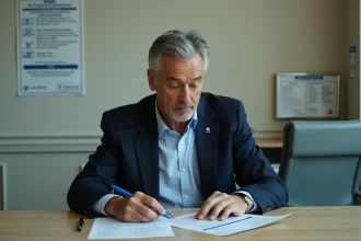 Homme français en blazer étudiant un dossier de licence taxi