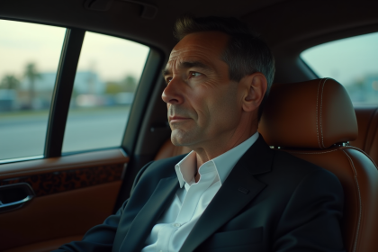 Homme élégant en costume noir dans une voiture de luxe