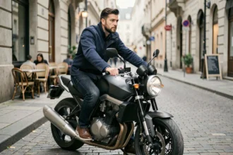 Un homme assis sur une moto moderne en ville, évaluant son assurance deux roues sur une rue pavée européenne
