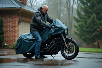 Homme en imperméable couvre sa moto sous la pluie