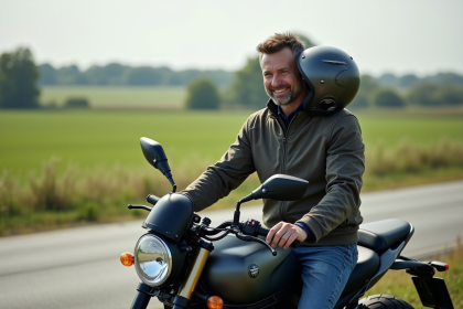 Homme en veste moto et jeans sur une moto en campagne