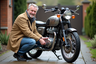 Homme ajustant la chaîne d'une moto Dax classique en extérieur