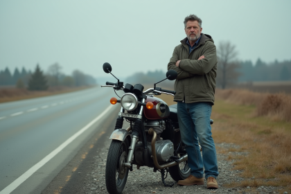 Homme d'âge moyen à côté de sa moto usée en campagne